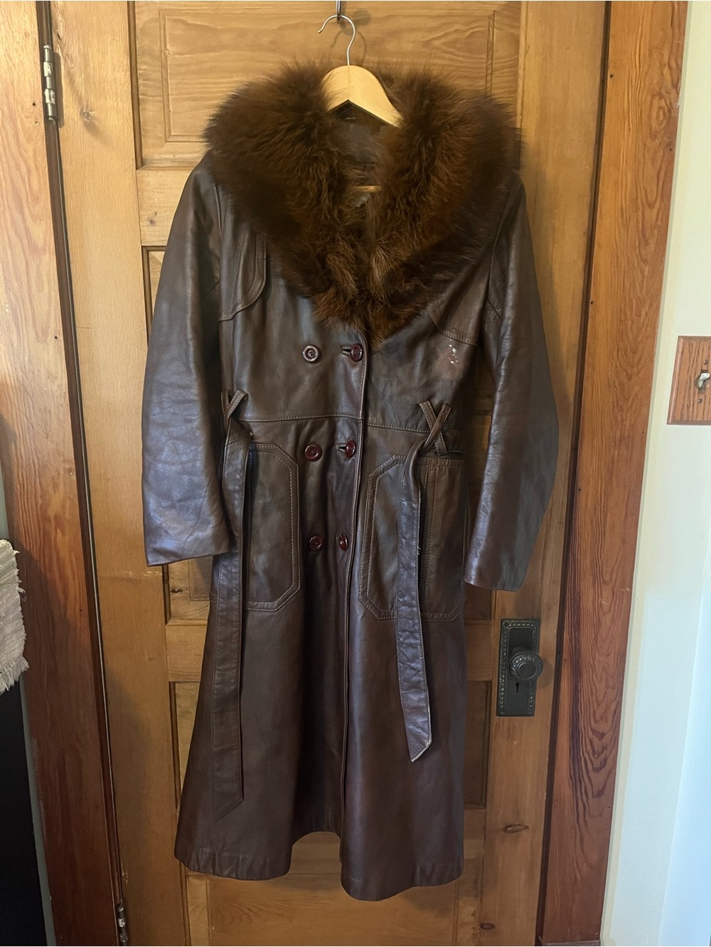 Leather Trench Coat with Fur Collar - Brown